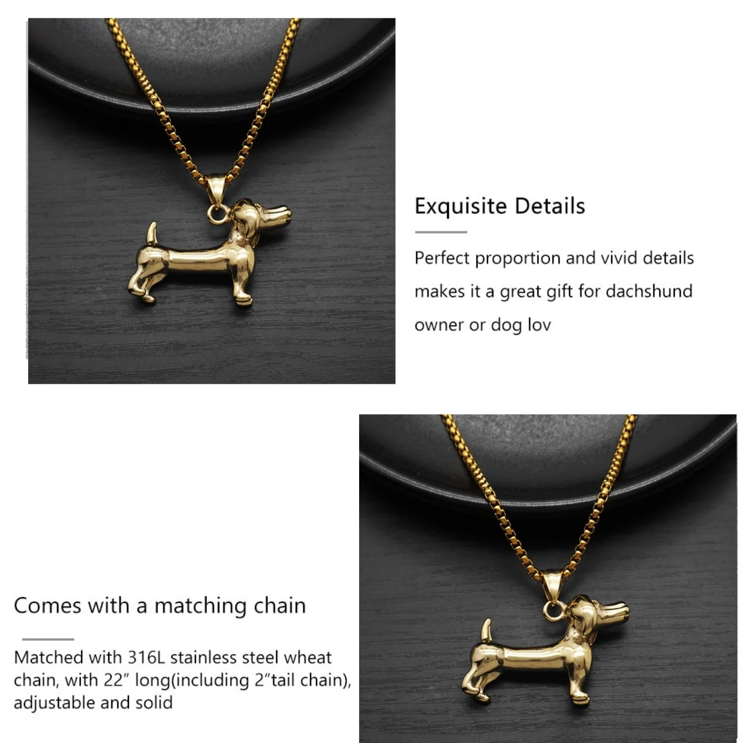 Dachshund Necklace Stainless Steel/Gold Color Rope - Image 7
